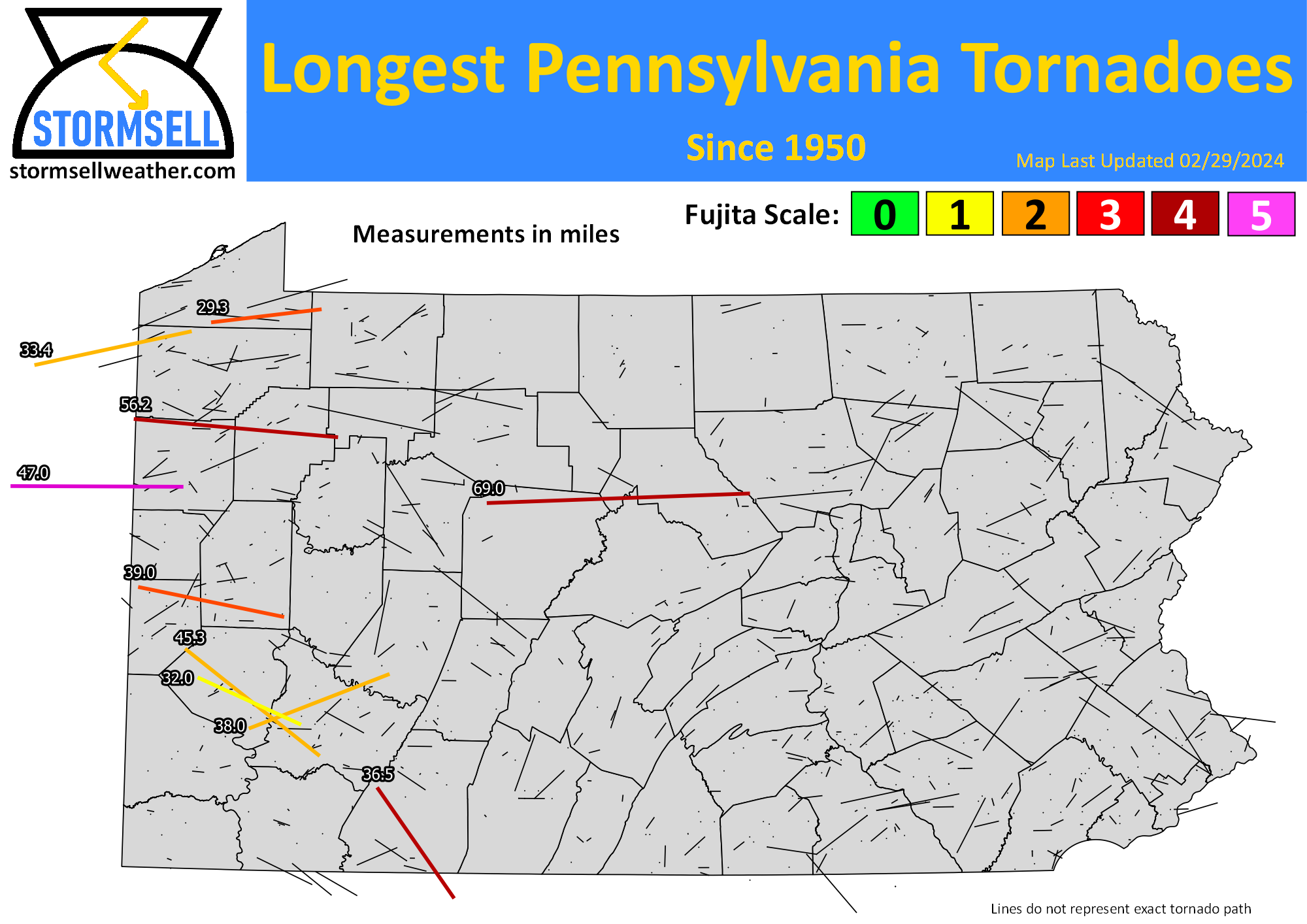 Map showing longest tornadoes in Pennsylvania since 1950