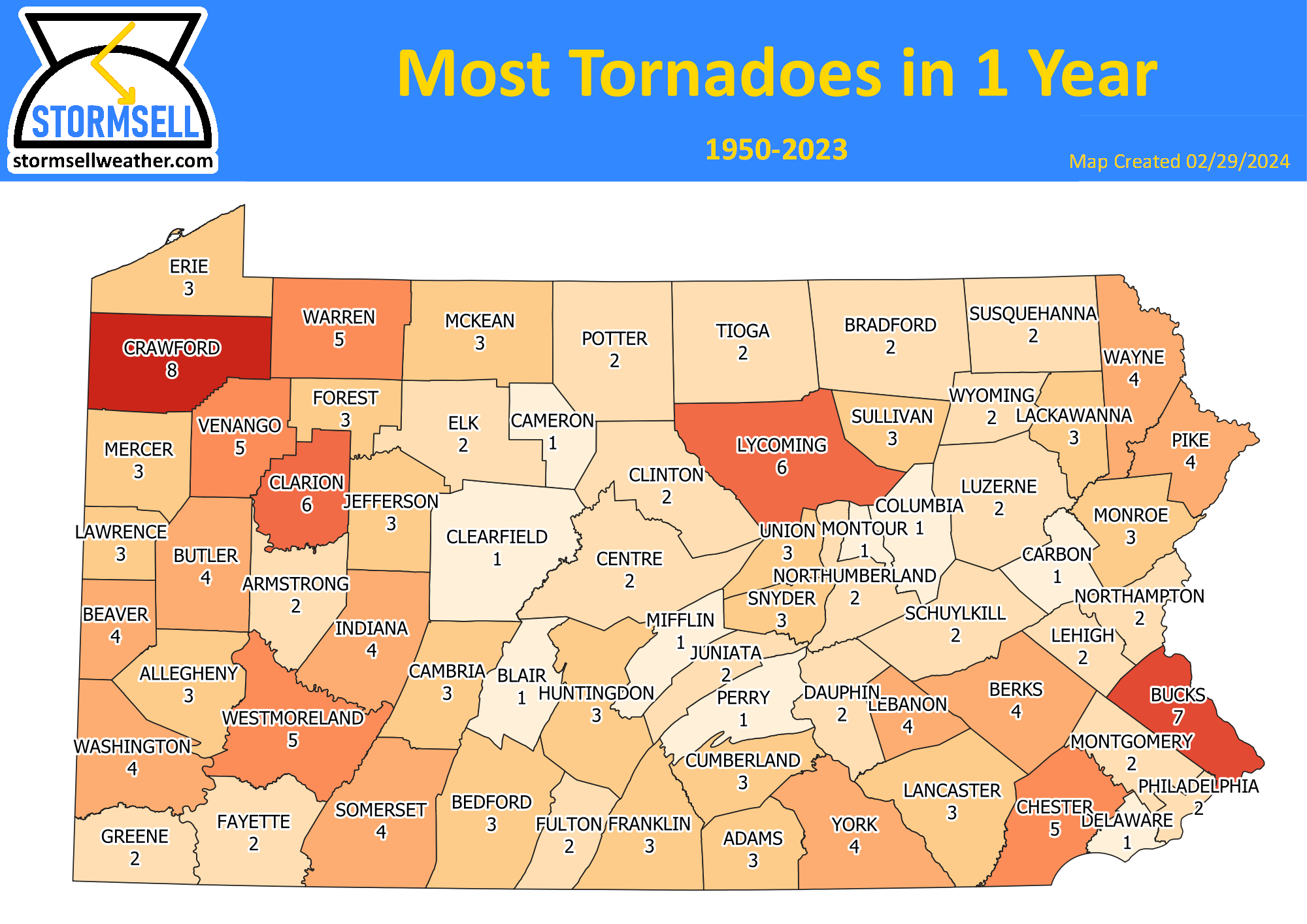 Map showing the maximum number of tornadoes in one year for each county of Pennsylvania between 1950 and 2020