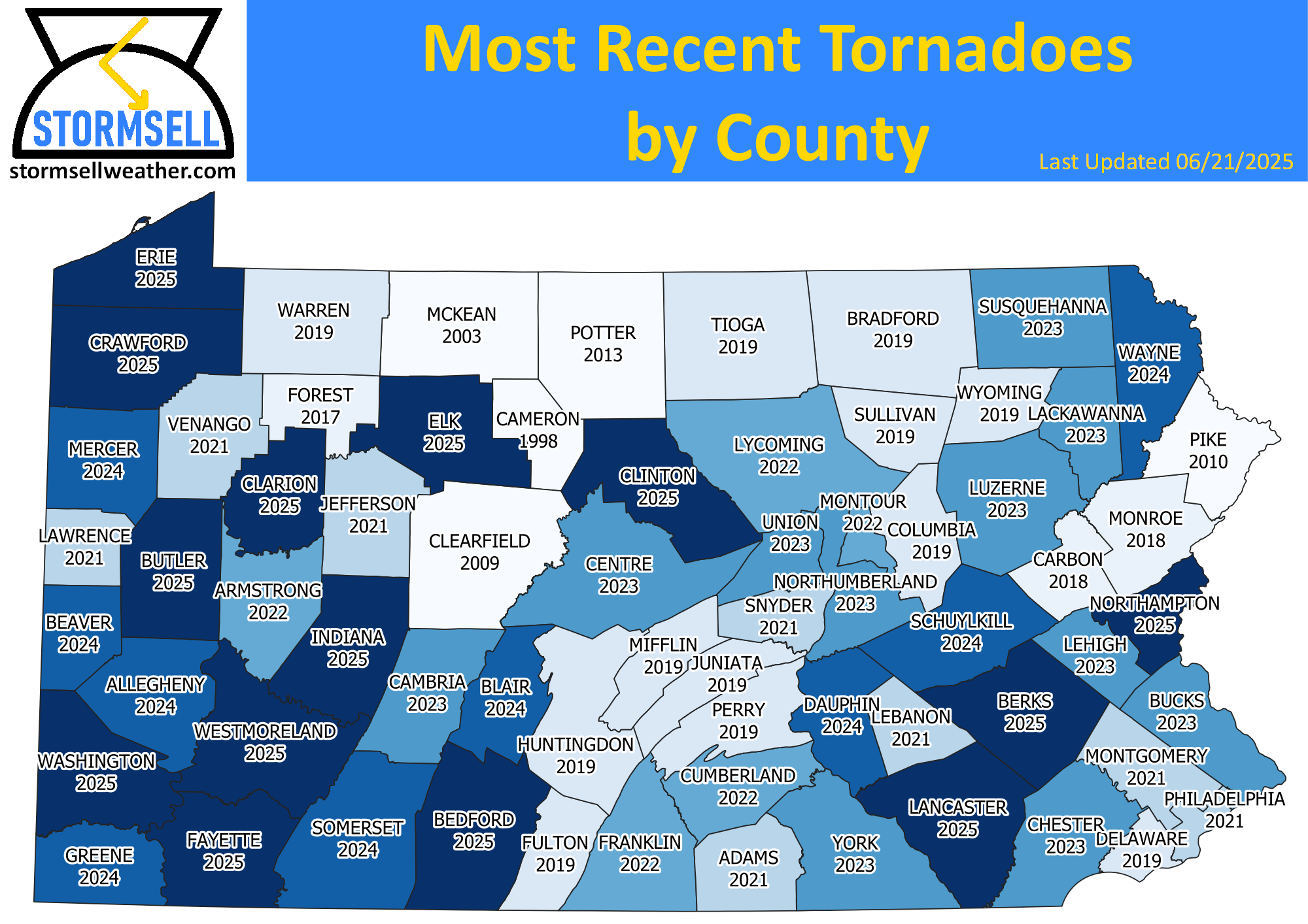 Map of the most recent tornadoes in each county of Pennsylvania