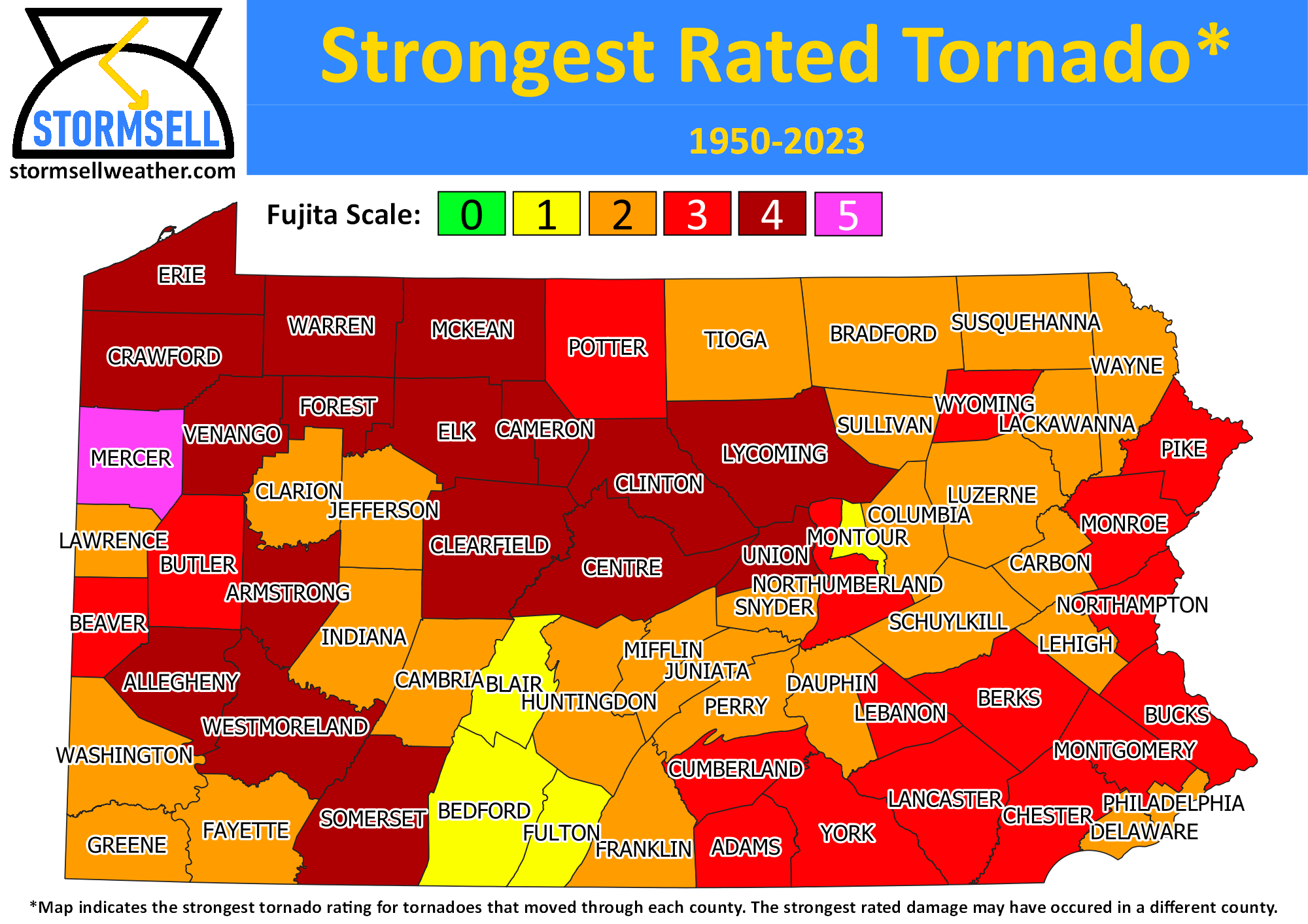 Map of the strongest rated tornado in each county of Pennsylvania between 1950 and 2020