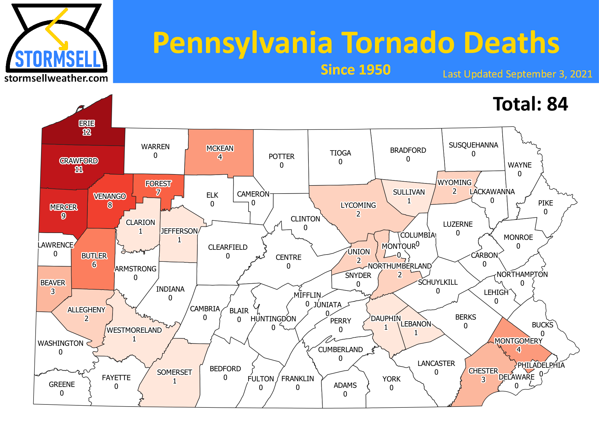 Map showing the number of tornado related fatalities in each county of Pennsylvania since 1950
