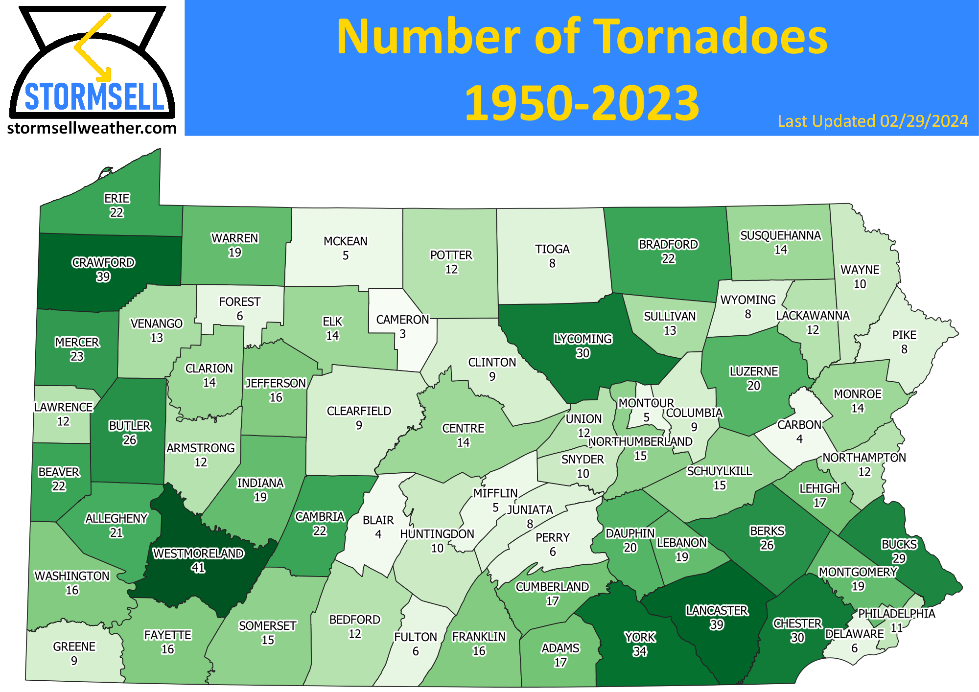 Total count of tornadoes in each county in Pennsylvania from 1950 to 2020