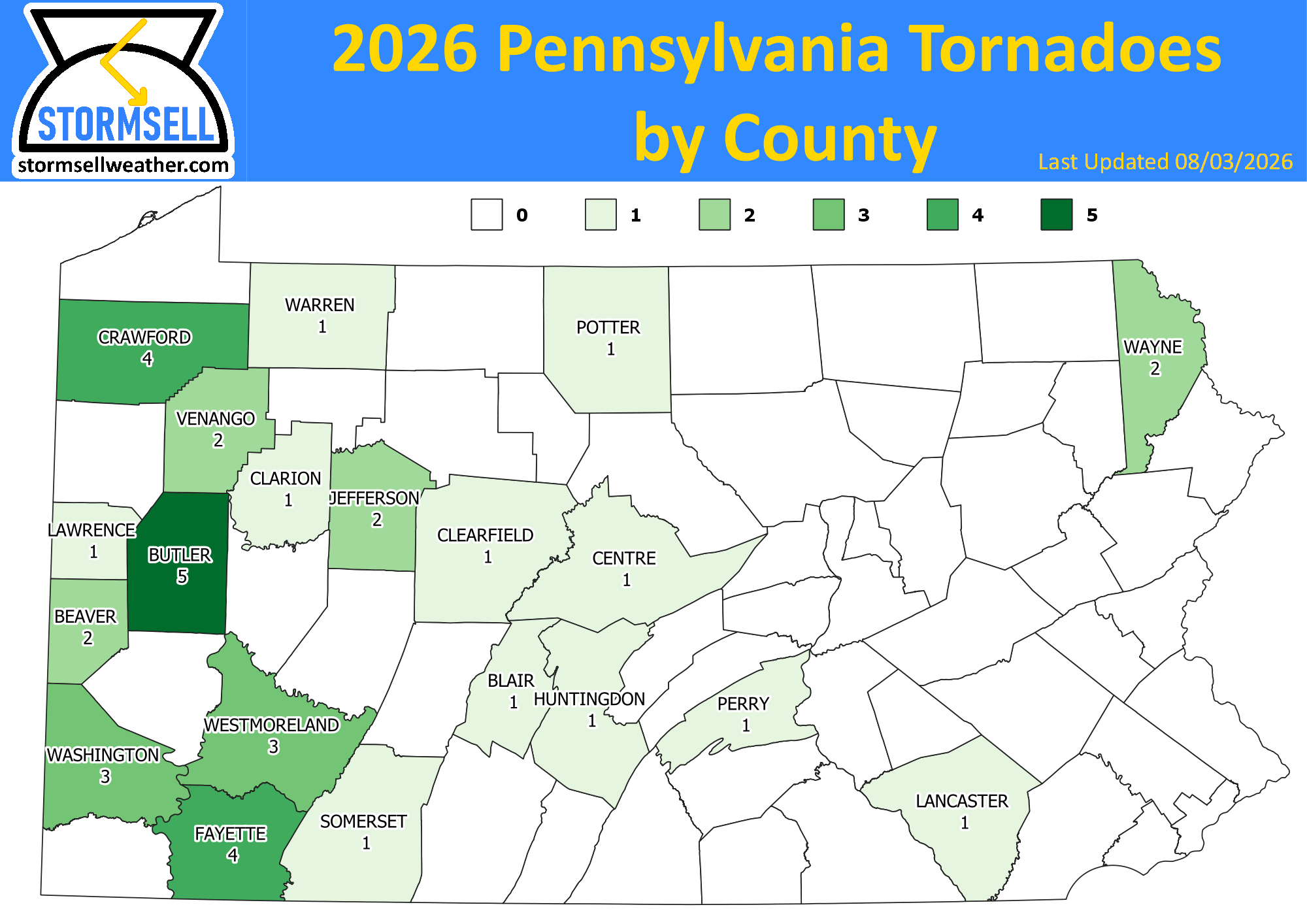 Map of Pennsylvania tornadoes in 2026