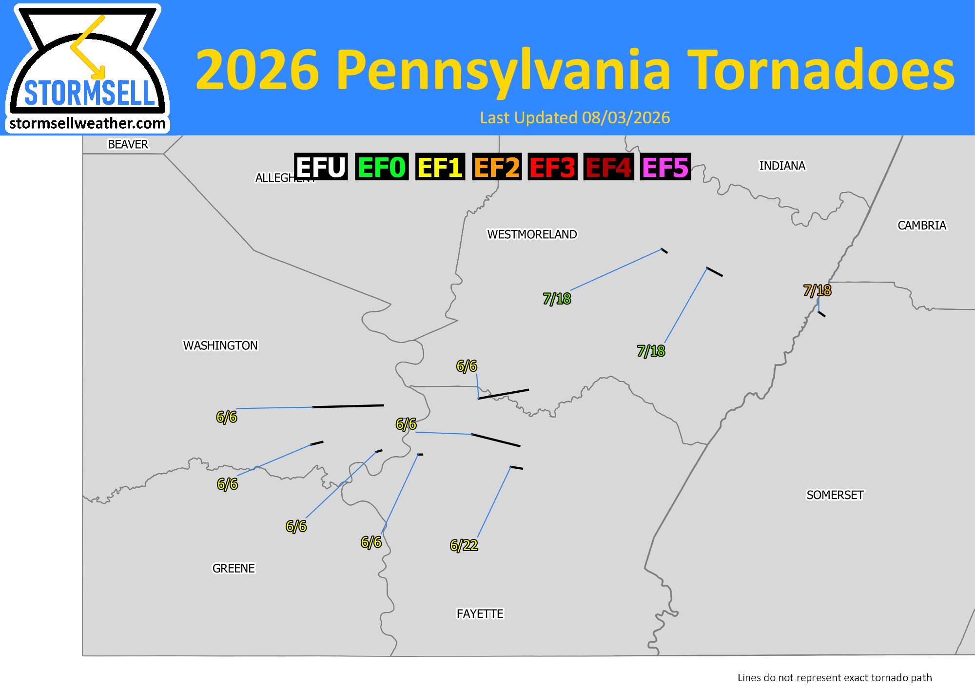 Map of Southwest Pennsylvania tornadoes in 2026