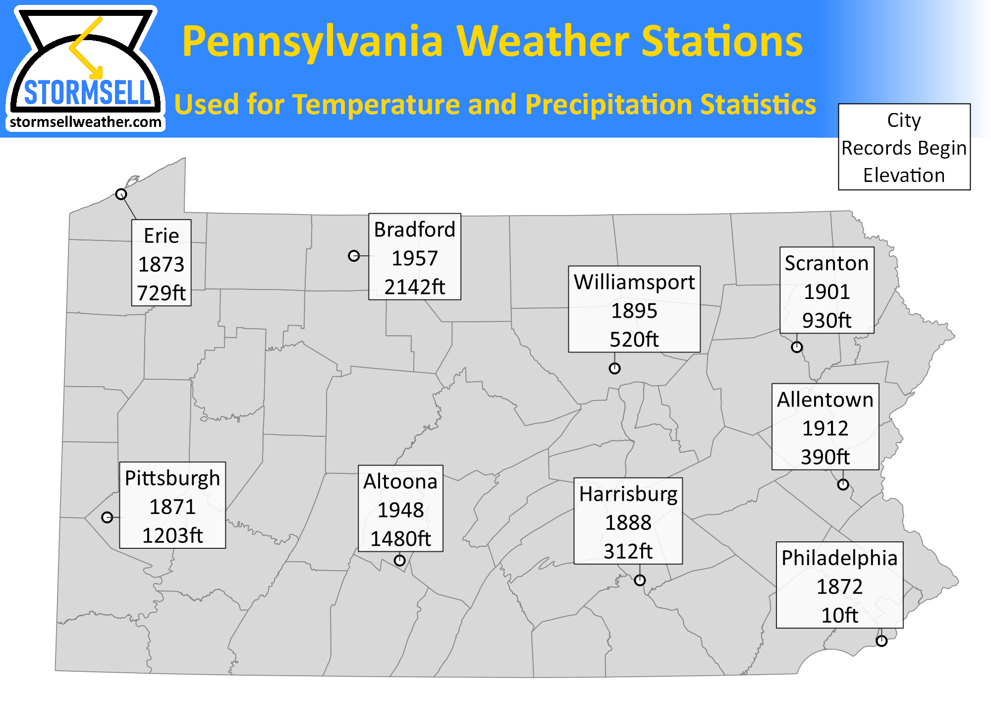 Map of PA weather stations used for the temperature and precipitation charts above. Click to enlarge.